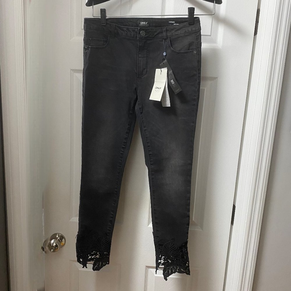 ONLY Carmen Black/Grey Skinny Lace Embroidered Jeans BRAND NEW WITH TAGS size 28
